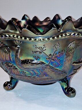 NORTHWOOD PEACOCK AT THE FOUNTAIN BLUE CARNIVAL GLASS FRUIT BOWL